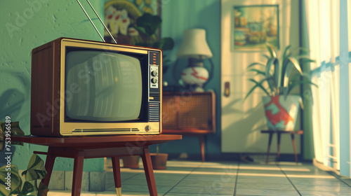 A retro TV in a vintage room with plants and decor.