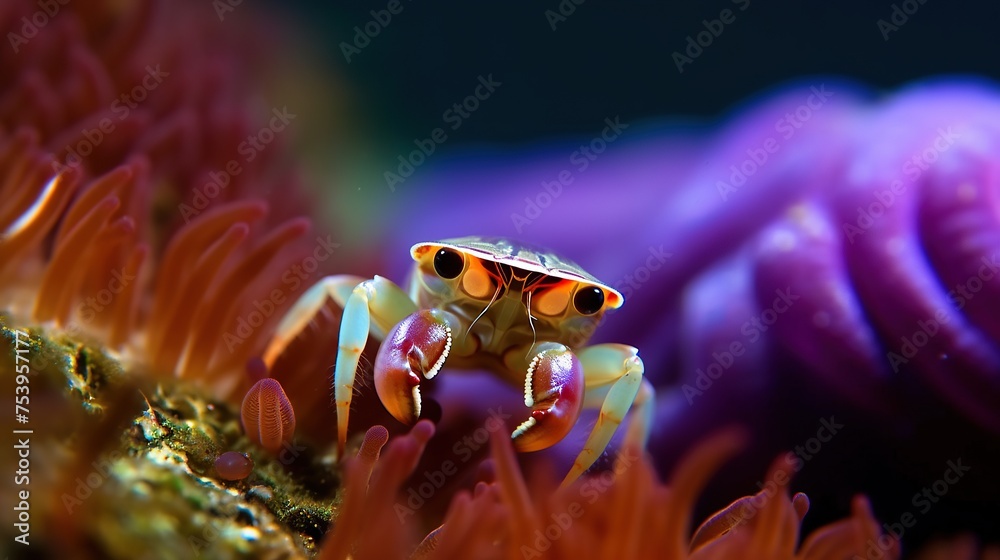 Obraz premium Macro shot of a small crab on a coral reef in a marine aquarium