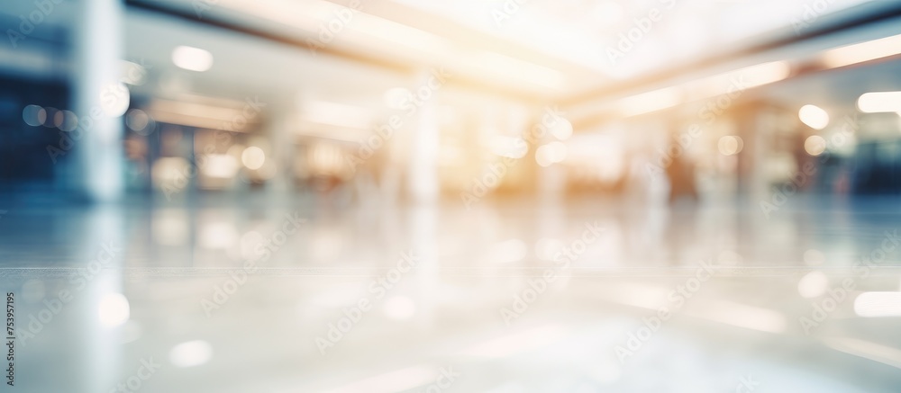 A department store interior is captured in a blurry and defocused manner, showcasing an empty building devoid of any individuals or activity. - obrazy, fototapety, plakaty 