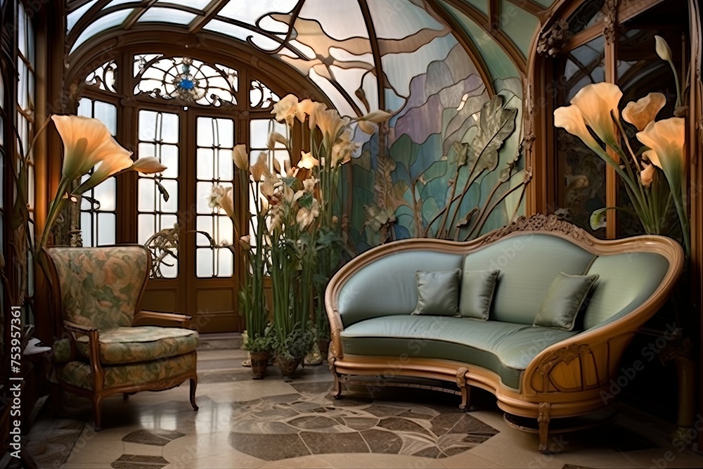 Elegant Curved Lines: Vintage-Inspired Art Nouveau Living Room with ...