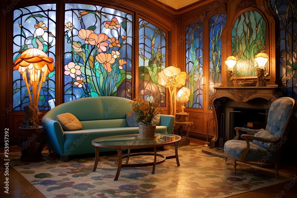 Floral Art Nouveau: Curved Furniture and Vibrant Colors Lighting Up Your Living Room