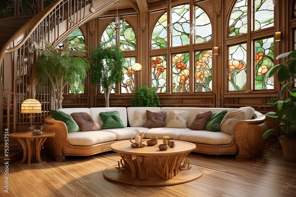 Nature-Inspired Art Nouveau Living Room: Warm Tones and Flowing Lines