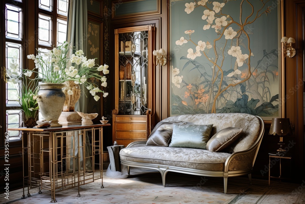 Fototapeta premium Art Nouveau Living Room: Intricate Wallpaper, Antique Accessories, Elegant Drapery Inspiration