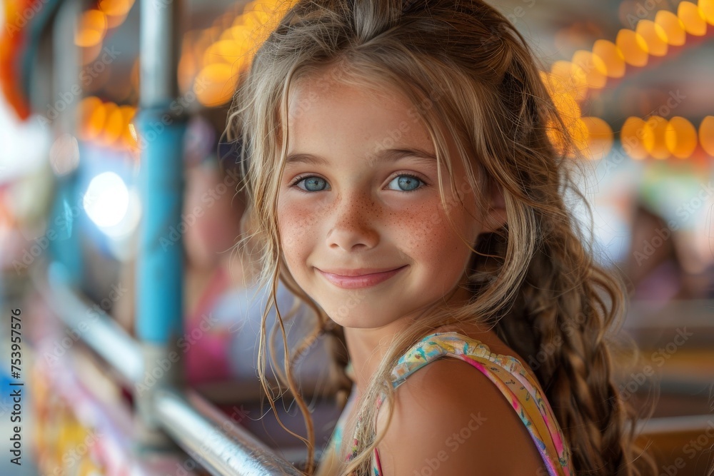 Portrait of a charming young girl with sunlit hair and a serene expression on a carousel ride at a fair