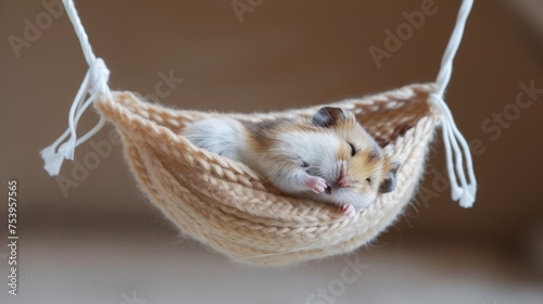 Sleepy Hamster Resting in Tiny Hammock for a Power Nap AI Generated.