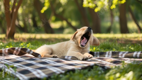 Cute Golden Retriever Puppy Yawning on Sunny Picnic Blanket