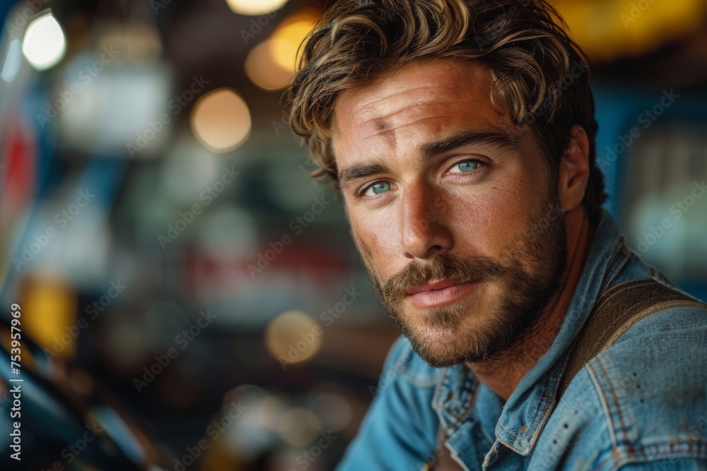 A contemplative young mechanic with striking blue eyes poses in front of a workshop environment A contemplative young mechanic with striking blue eyes poses in front of a workshop environment