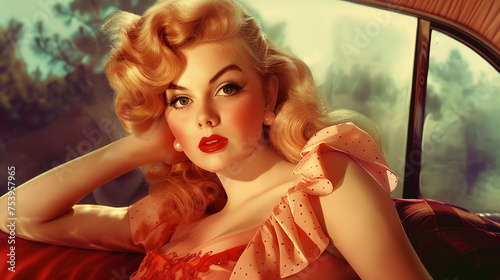 vintage-style pinup illustration depicts an attractive blonde woman with curled hair and red lipstick posing glamorously in a polka-dot dress while seated in a classic car.