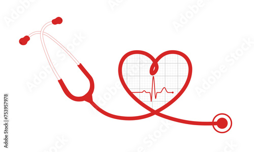 Red stethoscope with electrocardiogram(EKG) heart graph. Vector Medical Illustration.