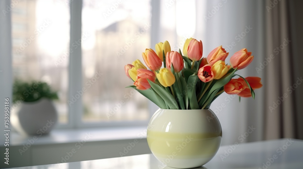 Bouquet of beautiful tulips in vase on table indoors