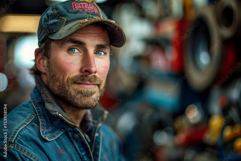 The image features a mechanic with captivating blue eyes, surrounded by tools in a garage setting The image features a mechanic with captivating blue eyes, surrounded by tools in a garage setting