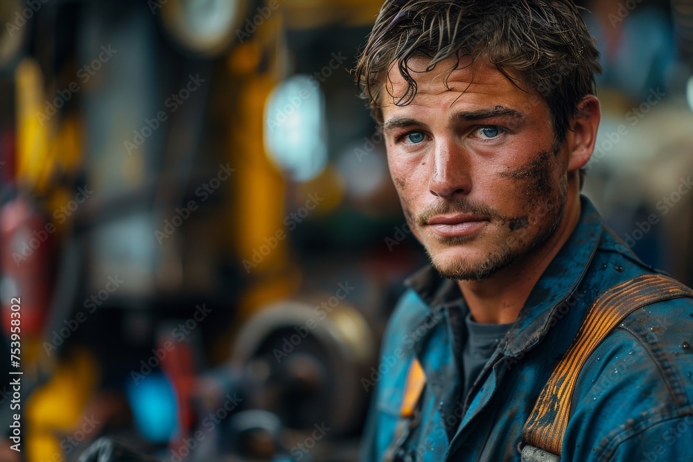 A young, dirty-faced worker looks contemplative with workshop tools in the background