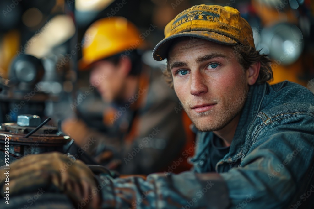 A focused young worker accompanied by a colleague in a mechanical workshop A focused young worker accompanied by a colleague in a mechanical workshop