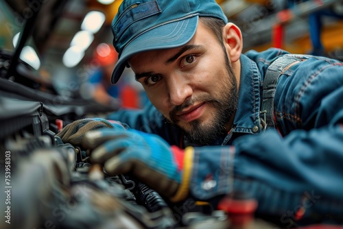 A focused engineer repairs a car engine with precision tools in a modern automotive workshop