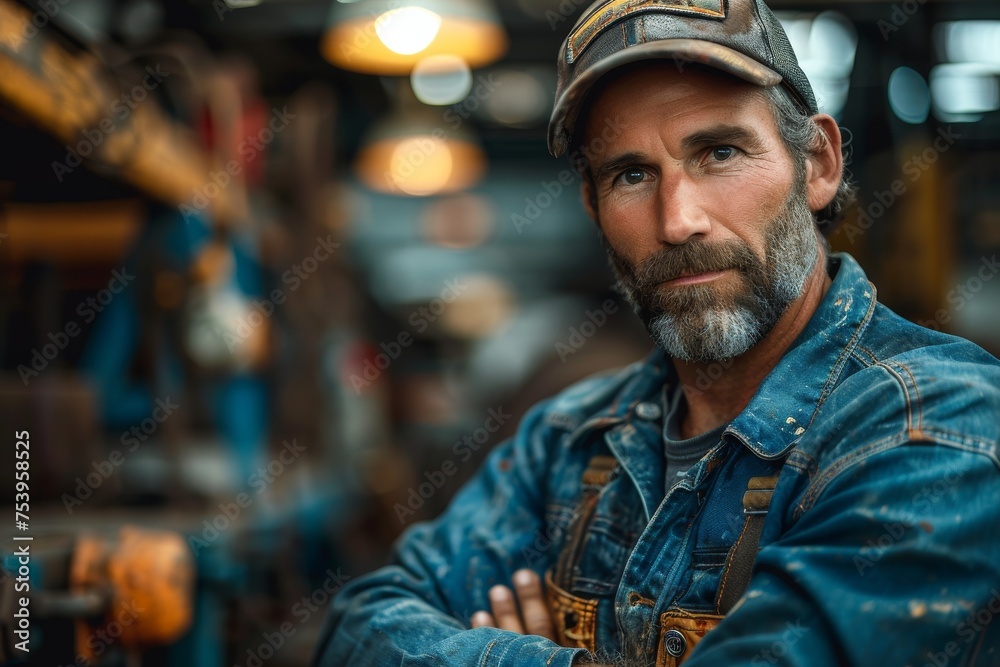 Confident, bearded mechanic in denim attire with folded arms stands in a mechanical workshop