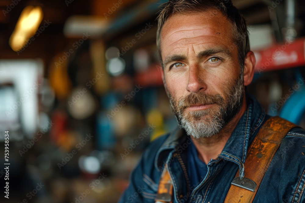 Close-up portrait of a middle-aged mechanic with a reflective gaze and seasoned features in a workshop Close-up portrait of a middle-aged mechanic with a reflective gaze and seasoned features in a workshop
