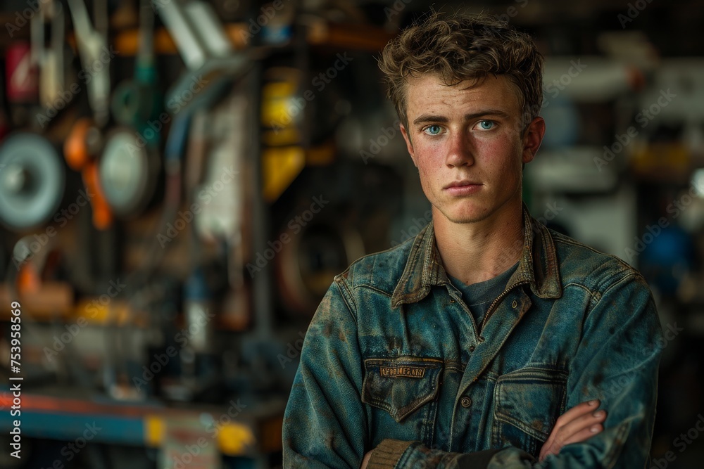 A young mechanic with blue eyes poses confidently in his workshop, surrounded by tools and machinery A young mechanic with blue eyes poses confidently in his workshop, surrounded by tools and machinery