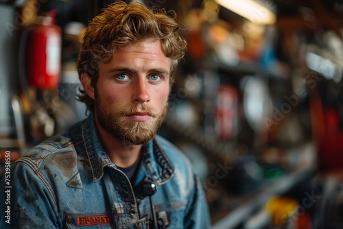 A young thoughtful mechanic with a contemplative expression, in denim, in a well-used workshop © svastix