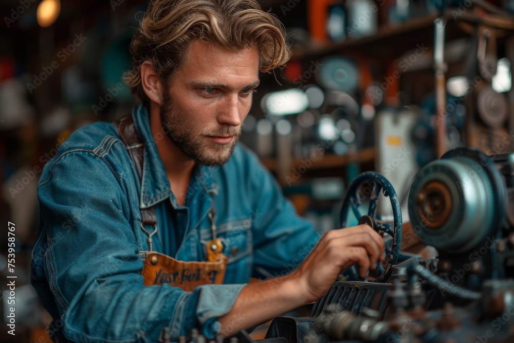 A concentrated young man with blond hair in a denim apron is working on a machine in a workshop