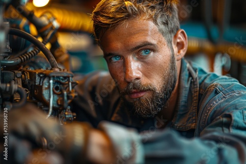 Wallpaper Mural A man with a beard examines the engine of a vehicle with great attention to detail inside a workshop Torontodigital.ca