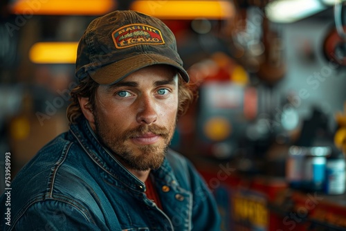 Intense portrait of a rugged man with blue eyes wearing a cap and denim jacket © svastix