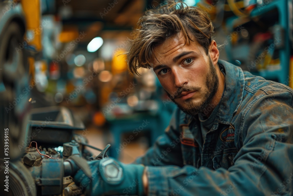 Intense young mechanic with tousled hair adjusting parts in a cluttered mechanical workshop