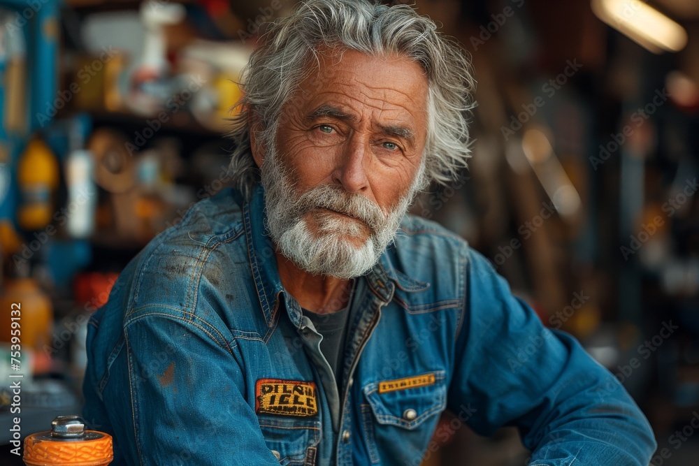 Portrait of a senior mechanic with a weary expression in a denim shirt at a workbench Portrait of a senior mechanic with a weary expression in a denim shirt at a workbench