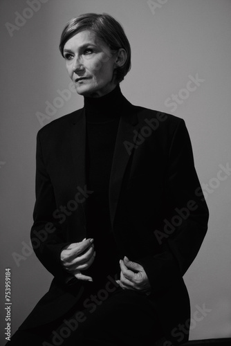 Middle aged woman in black jacket photo