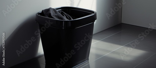 A black plastic trash can is situated next to a white wall in a stark urban setting. The contrast between the dark bin and the light wall creates a visually striking composition.