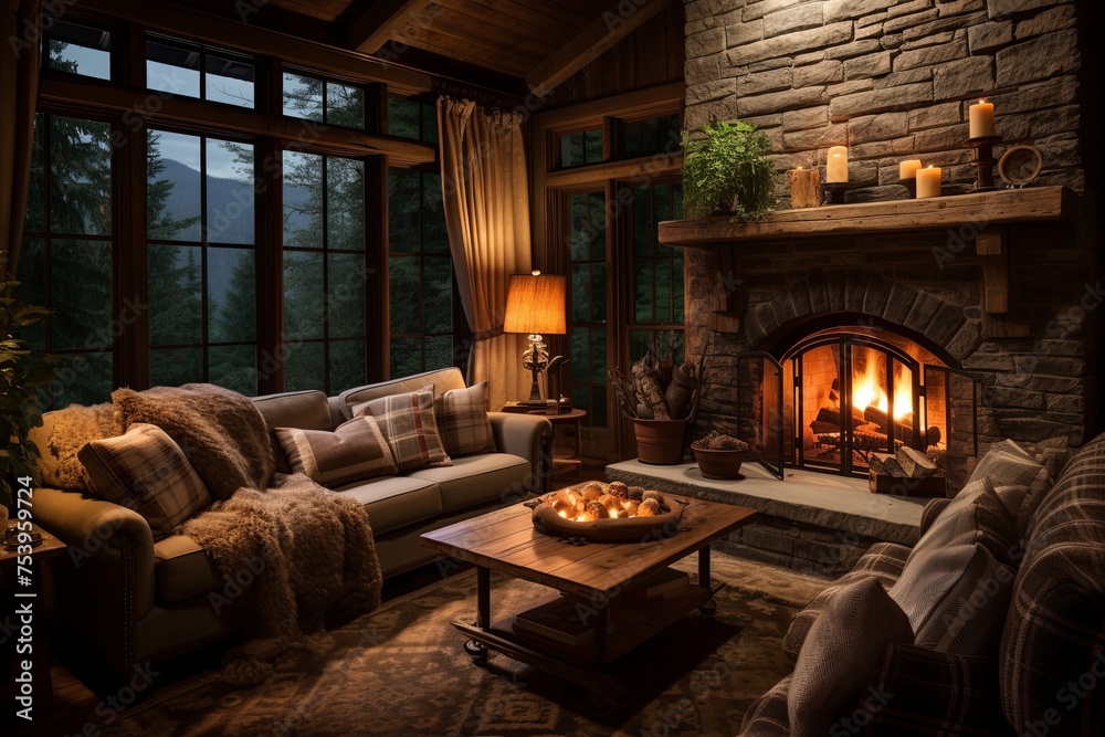 Cozy Nook Paradise: Fireplace Warmth in Chalet Living Room Design
