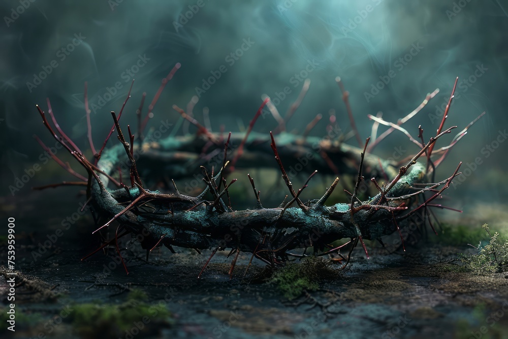 A 3D rendering concept of branches of thorns woven into a crown representing the crucifixion. Generative AI A 3D rendering concept of branches of thorns woven into a crown representing the crucifixion. Generative AI