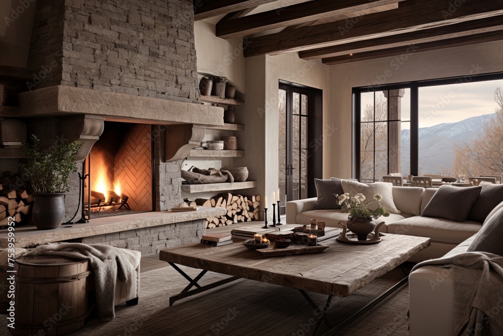 custom made wallpaper toronto digitalStone Fireplace and Wooden Beams: Earthy Natural Living Room Decor with Neutral Colors