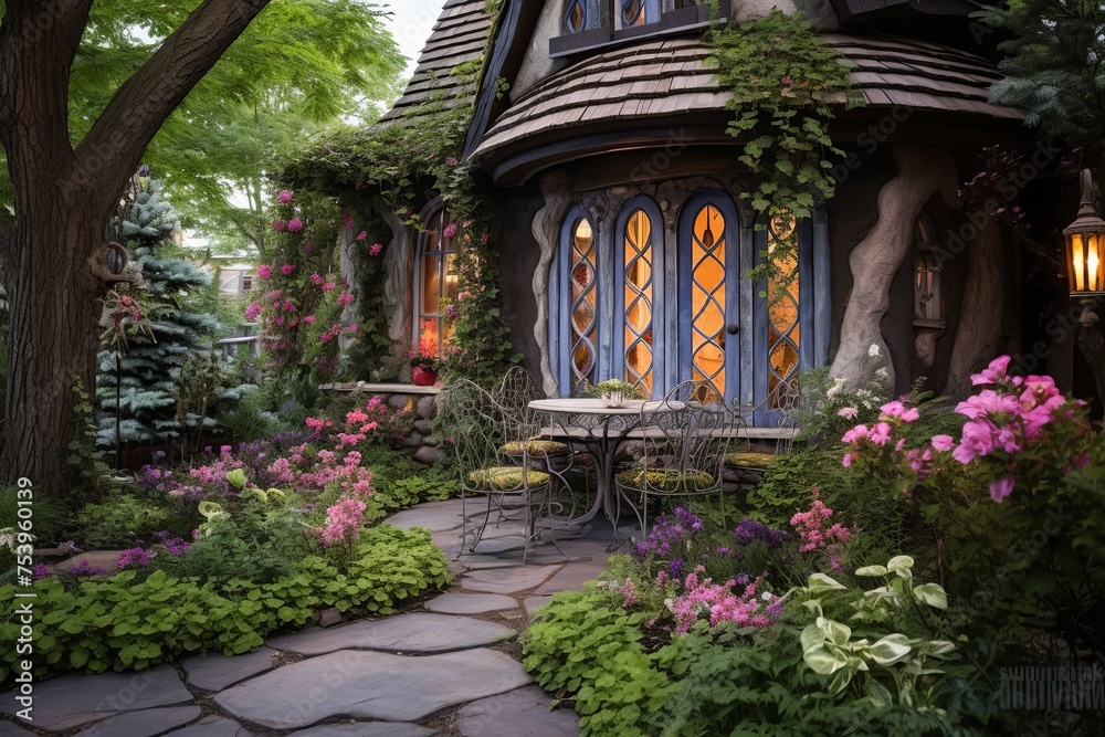 Fototapeta premium Enchanted Cottage Garden Patio: Fairy Tale-Inspired Garden and Whimsical Touches