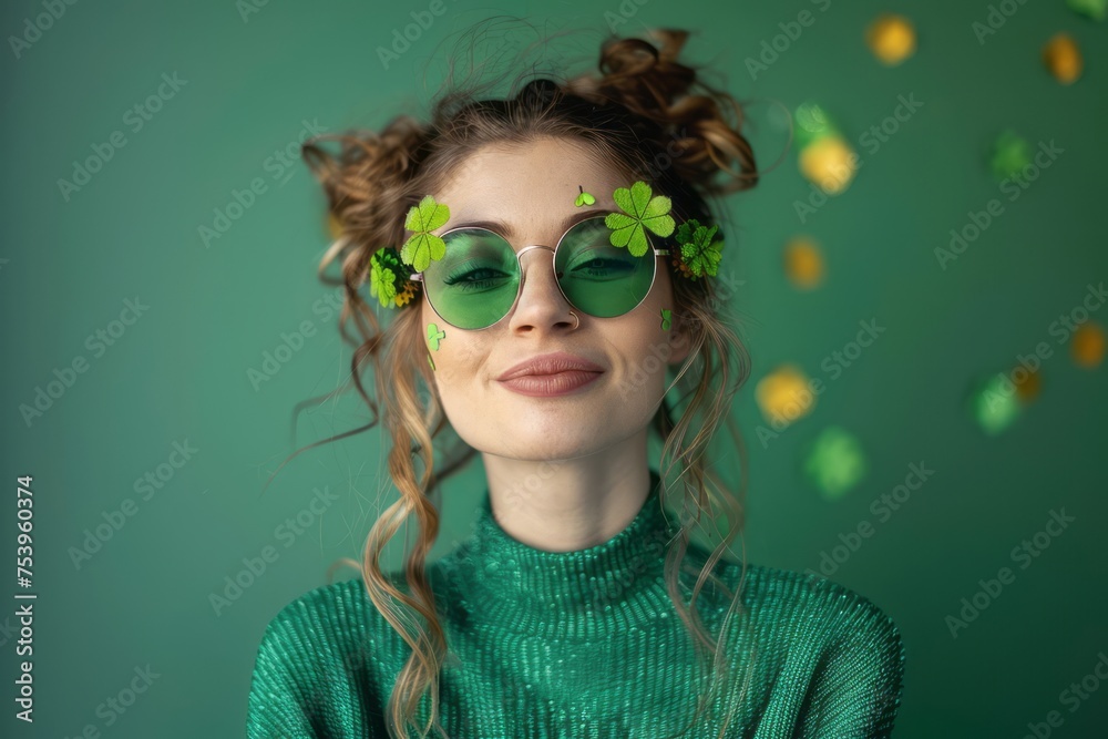 Caucasian woman dressed in green with shamrock glasses making st patrick's day. Generative AI Caucasian woman dressed in green with shamrock glasses making st patrick's day. Generative AI