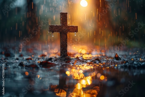 cross of jesus christ on sorrow darkness and bright light and rays background. Generative AI photo