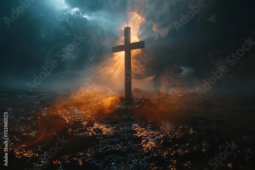 cross of jesus christ on sorrow darkness and bright light and rays background. Generative AI