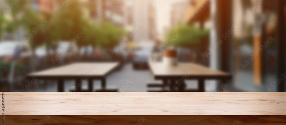 A wooden table top is shown in the foreground, with a blurred city street visible in the background. The table is empty, creating a neutral space for display or montage of products. A wooden table top is shown in the foreground, with a blurred city street visible in the background. The table is empty, creating a neutral space for display or montage of products.