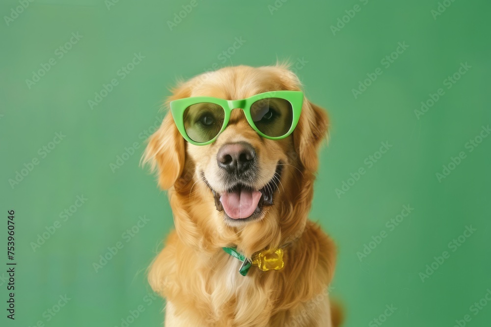 Cute dog with party glasses on color background. St. Patrick's Day celebration. Generative AI - obrazy, fototapety, plakaty 