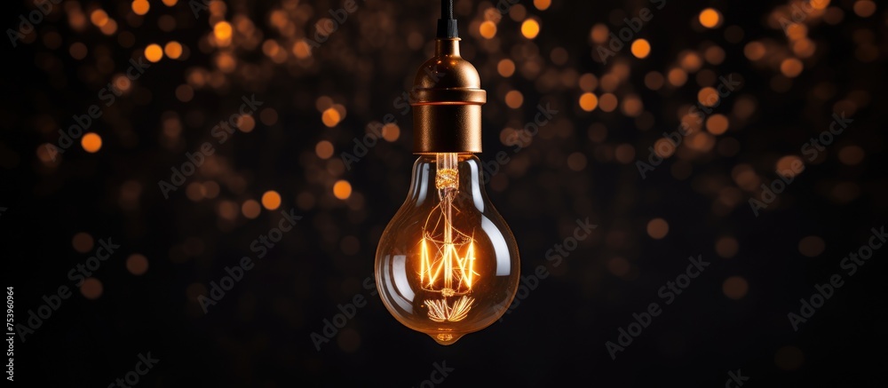 A single vintage light bulb hangs from the ceiling, casting a warm glow in an otherwise dark room. The filament inside the bulb emits a soft, ambient light, illuminating the immediate surroundings.