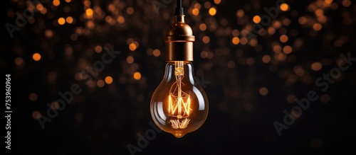 A single vintage light bulb hangs from the ceiling, casting a warm glow in an otherwise dark room. The filament inside the bulb emits a soft, ambient light, illuminating the immediate surroundings.