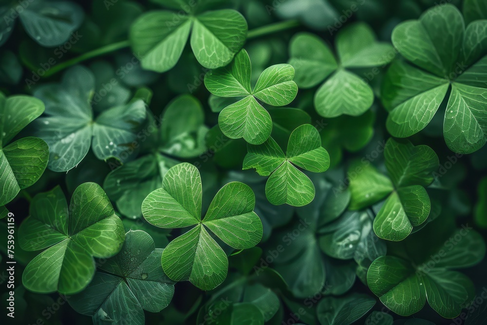 Fresh green clover leaves as background. St. Patrick's Day. Generative AI Fresh green clover leaves as background. St. Patrick's Day. Generative AI