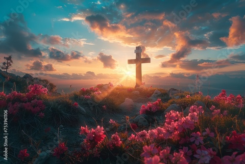 Empty tomb with crucifixion at sunrise - resurrection concept. Generative AI photo