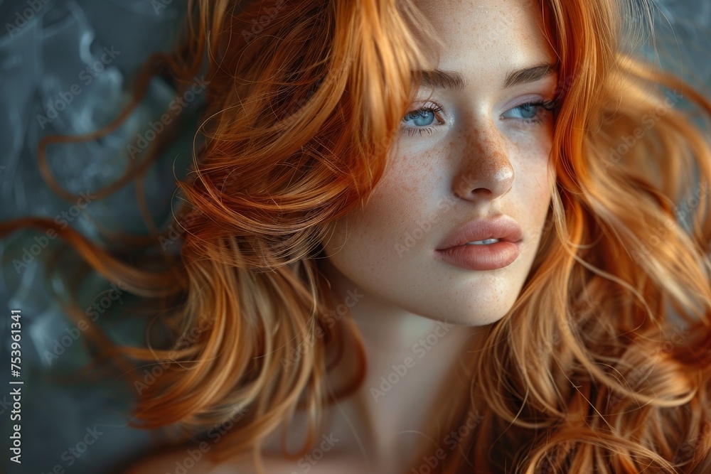 Close-up image of a woman with vivid red hair and captivating blue eyes against a textured background Close-up image of a woman with vivid red hair and captivating blue eyes against a textured background