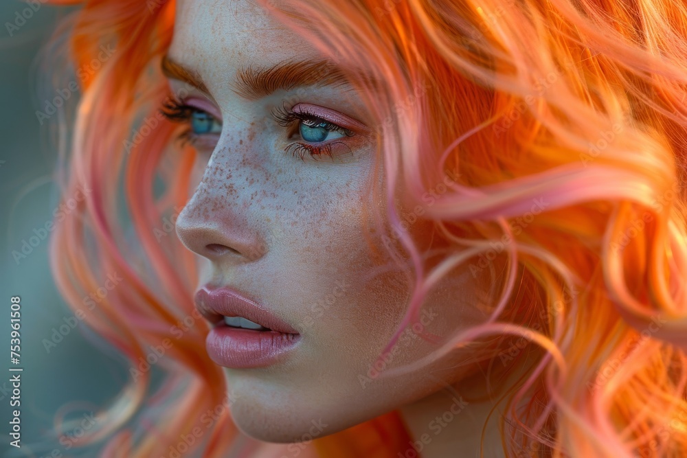 An enchanting close-up of a woman with orange hair and freckles exuding a dreamy, ethereal quality An enchanting close-up of a woman with orange hair and freckles exuding a dreamy, ethereal quality
