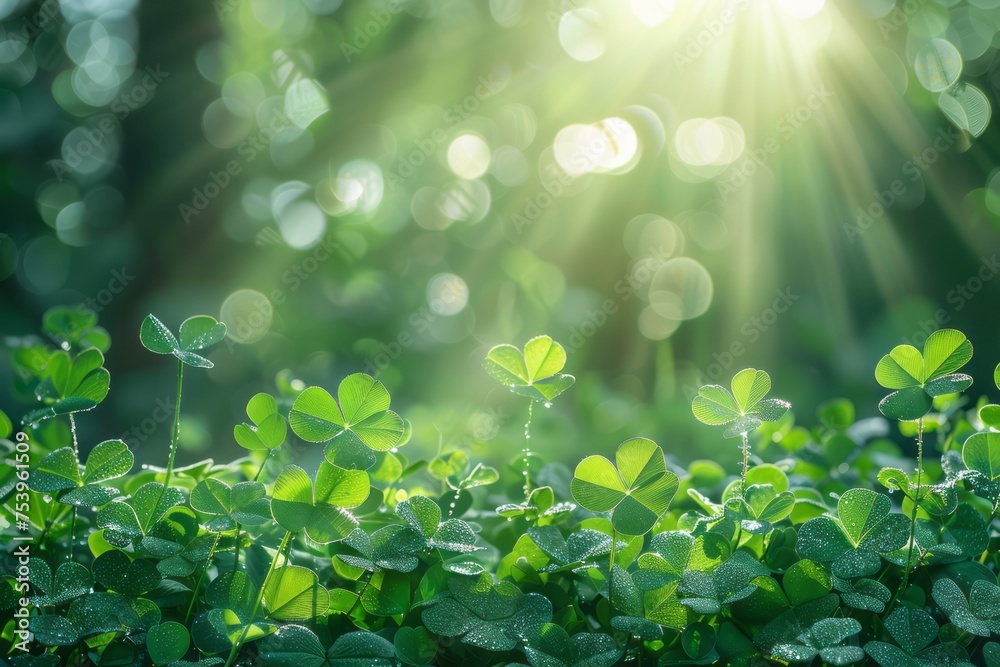 green clover leaves on a summer landscape background. Generative AI