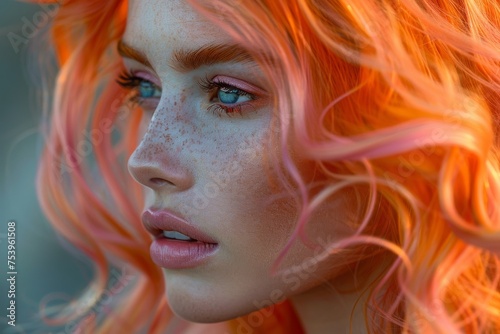 An enchanting close-up of a woman with orange hair and freckles exuding a dreamy  ethereal quality