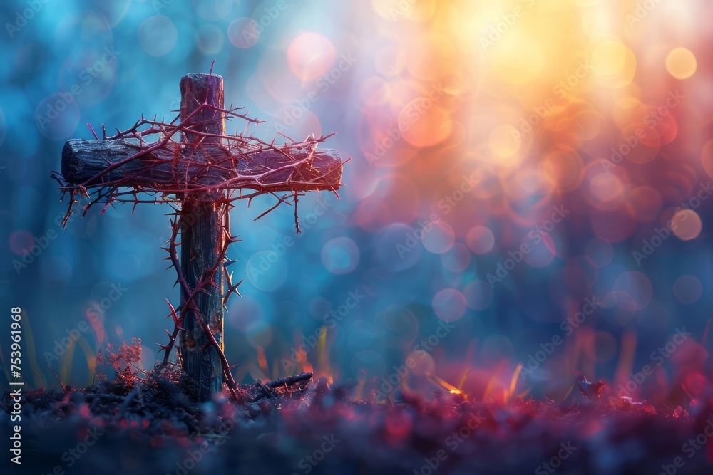 Passion of Jesus - Wooden cross with crown of thorns with abstract blurred light. Generative AI - obrazy, fototapety, plakaty 