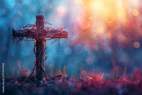 Passion of Jesus - Wooden cross with crown of thorns with abstract blurred light. Generative AI