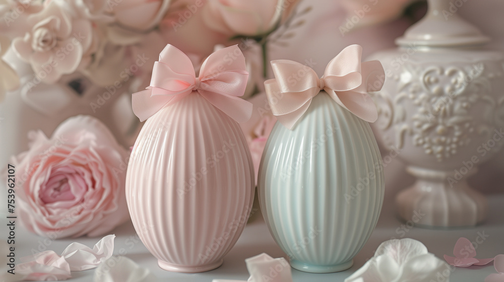 Elegant easter eggs with delicate bows and floral decor; pastel colored easter eggs with delicate bows set against a soft floral arrangement with pink roses Elegant easter eggs with delicate bows and floral decor; pastel colored easter eggs with delicate bows set against a soft floral arrangement with pink roses
