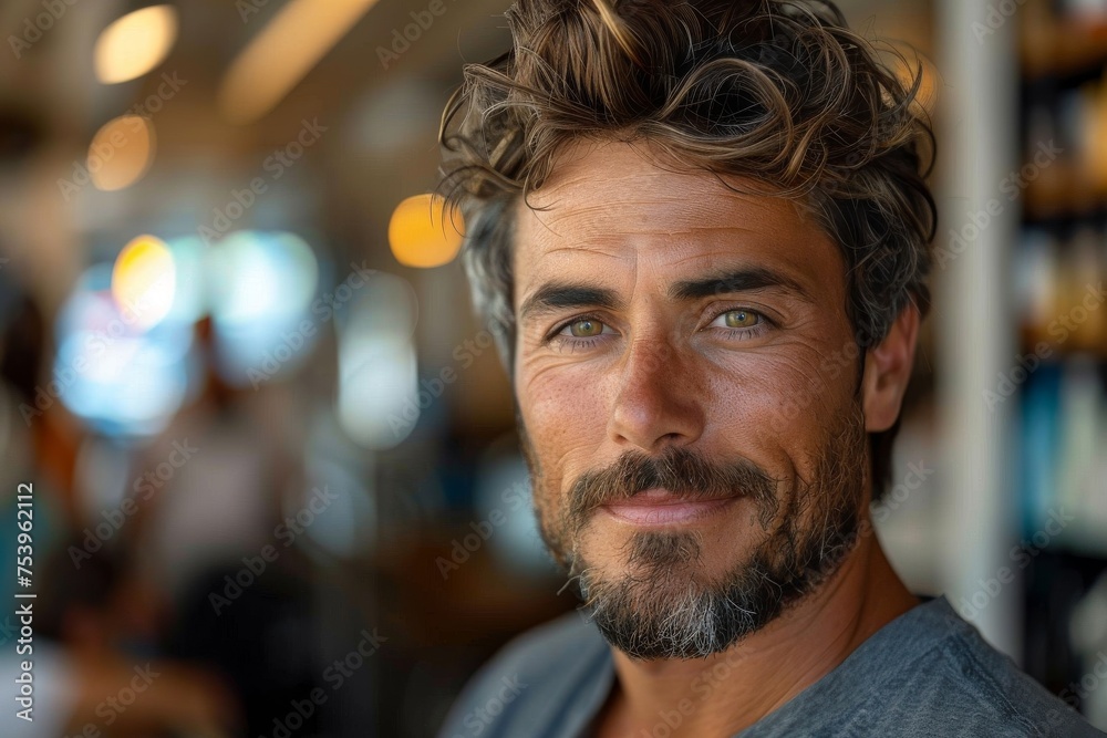 Confident portrait of a mature man with charming smile, sporting a casual grey t-shirt and beard Confident portrait of a mature man with charming smile, sporting a casual grey t-shirt and beard